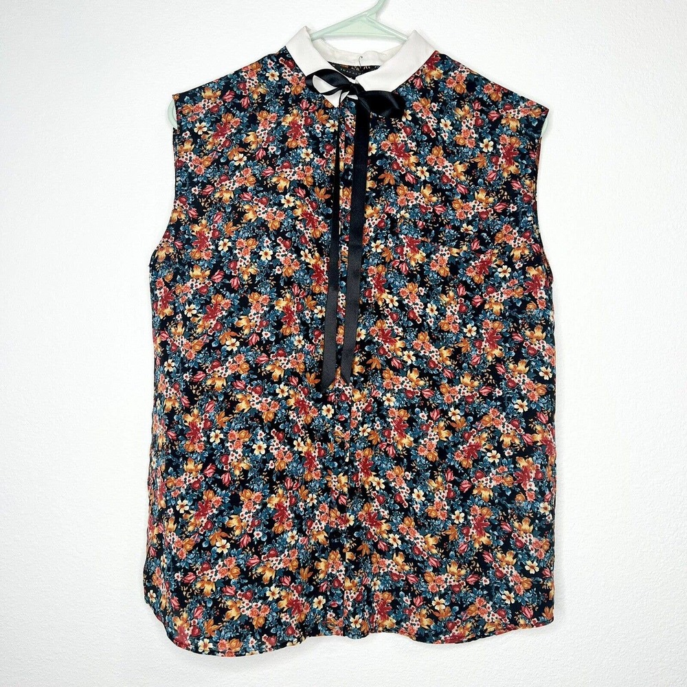 ZARA Trafaluc Black Floral Sleeveless Collared Neck Tie Button-up Shirt Sz M